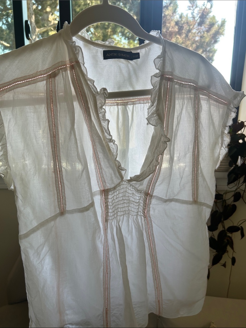 Antik Batik White Cotton Ruffled V-Neck Top with Pale Peach Stitching